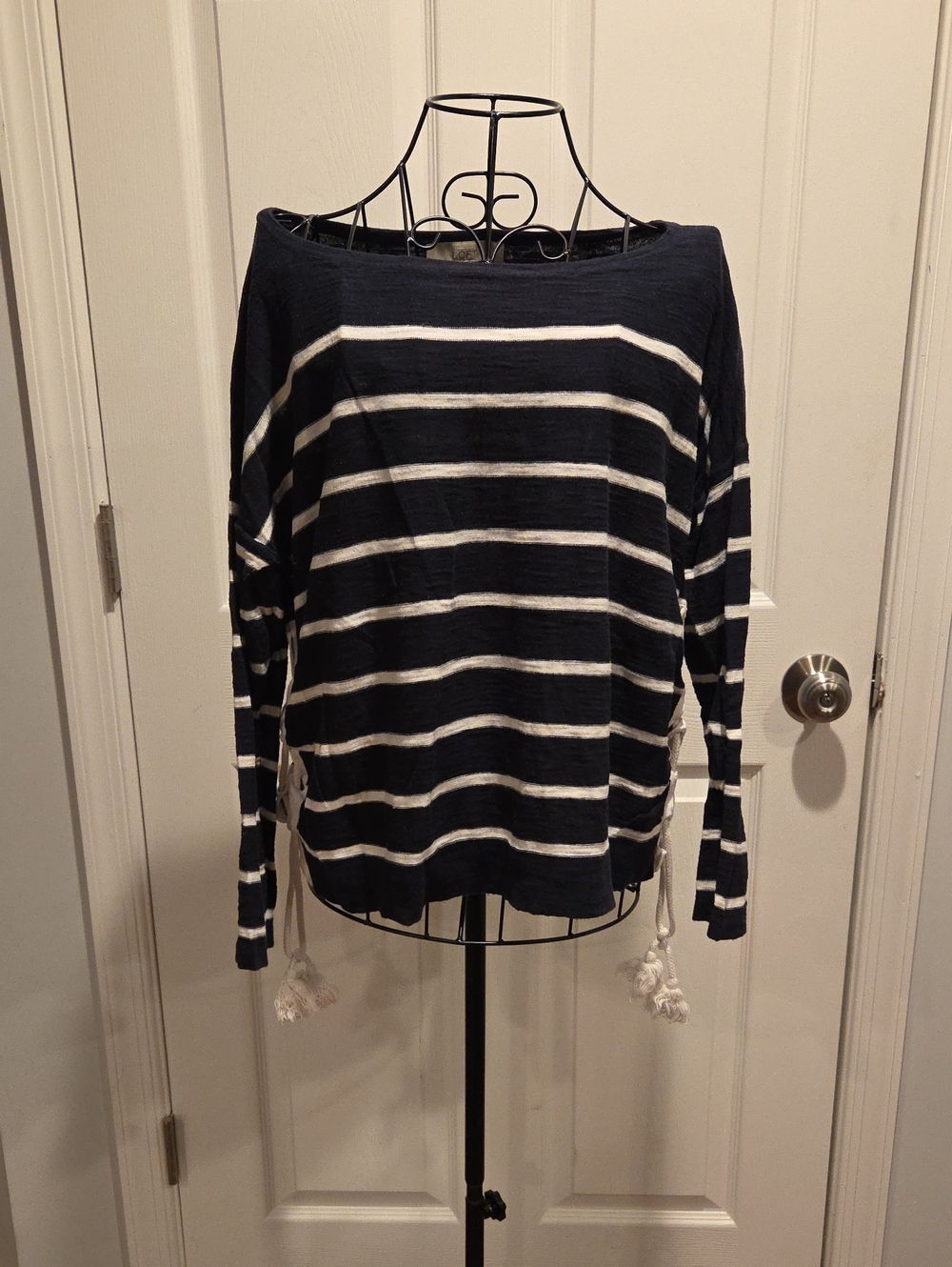 LOFT Navy and White Striped Off-the-Shoulder Sweater with Tassels